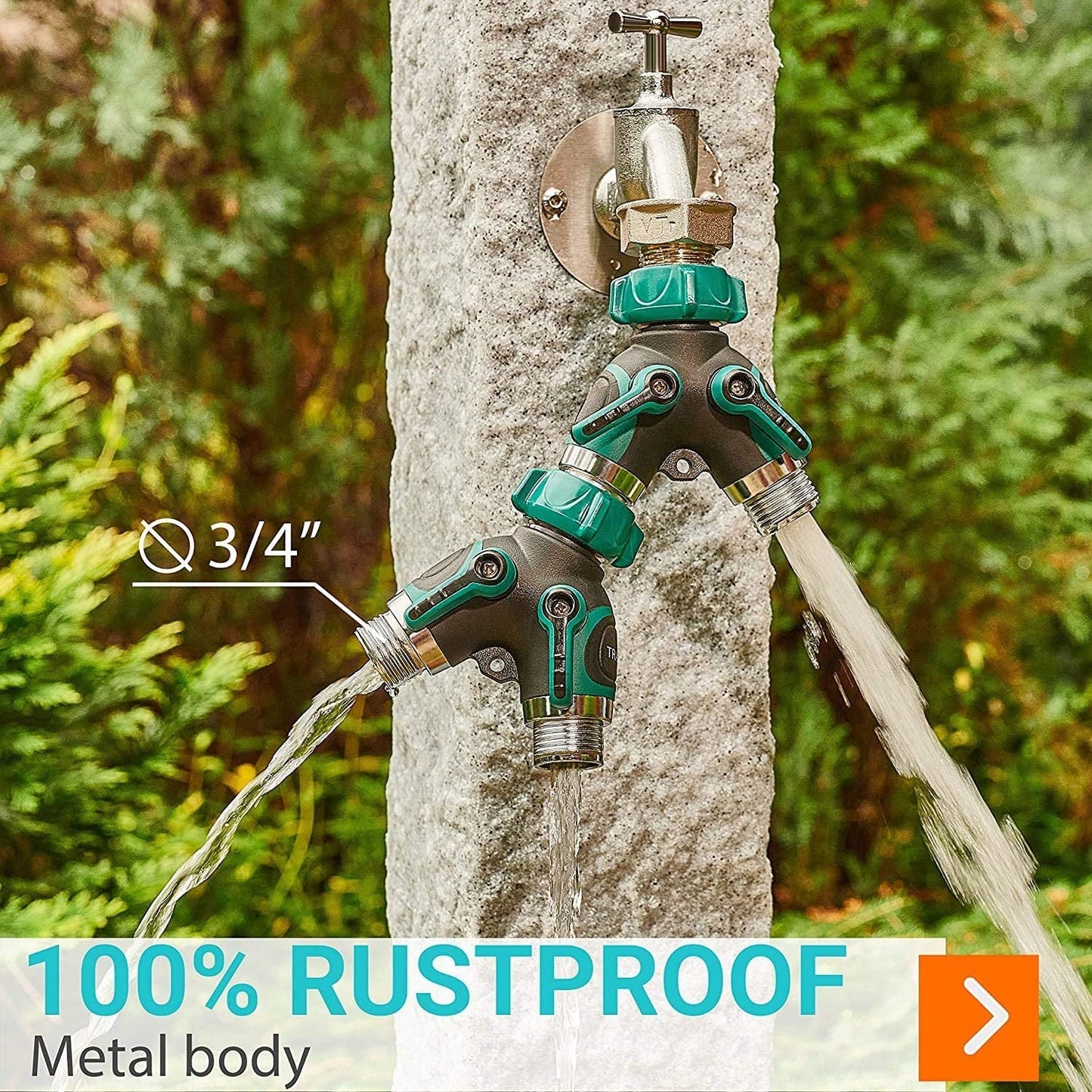 Water Splitter 2 Way, Garden Y Hose Connector Metal Body, Water Faucet Splitter with Comfortable Rubberized Grip, 2 Way Hose Splitter Heavy Duty for Outdoor and Indoor Use (Green)