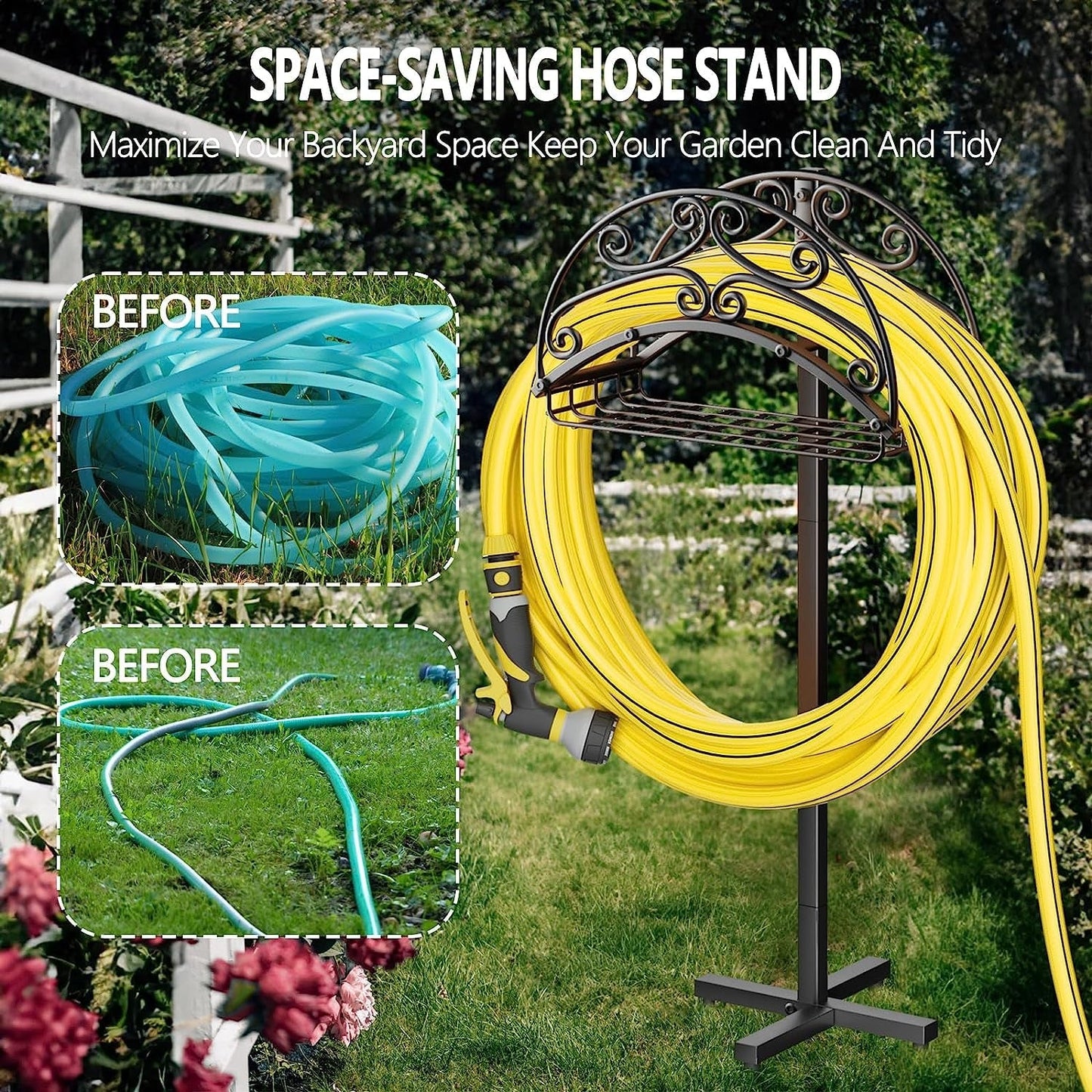 Freestanding Garden Hose Holder, Heavy Duty Metal Water Hose Holder, Detachable Hose Rack, Hose Storage Hose Stand for Garden outside Yard Storage,Can Store 150Ft Water Pipes