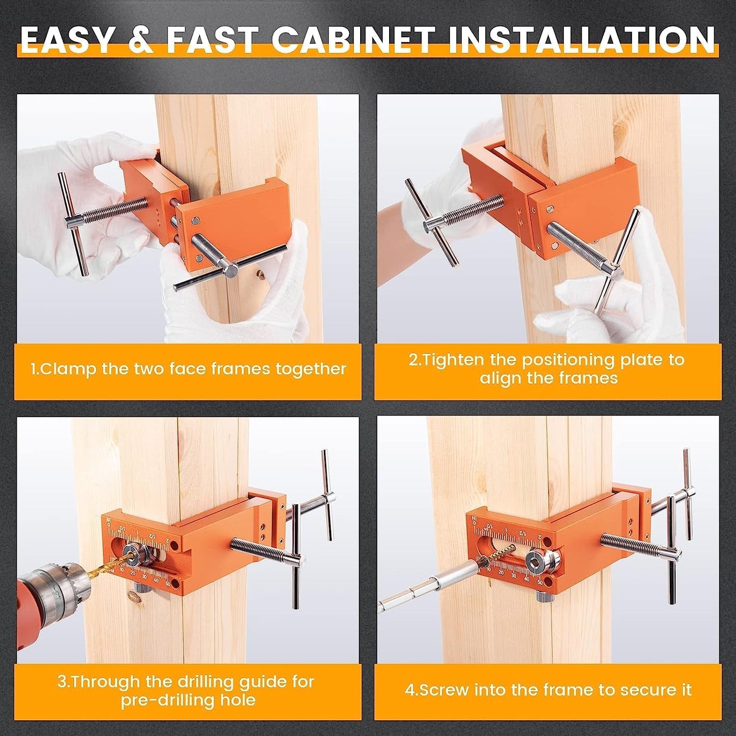 Cabinet Installation Clamps - Cabinetry Clamp for Easy and Fast Installing Face Frame of Cabinets, Highly Durable All Metal Claws with Two Flexible Drill Hole Guides, Orange, 2-Pack