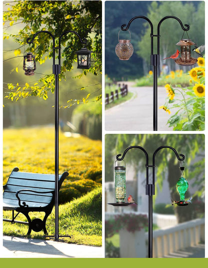 Double Shepherds Hooks for Outdoor, 2 Pack 60 Inch Bird Feeder Pole with 5 Prongs Base, Heavy Duty Garden Hook for Hanging Plant, Lantern, Hummingbird Feeder
