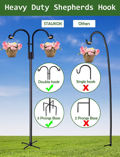 Double Shepherds Hooks for Outdoor, 2 Pack 60 Inch Bird Feeder Pole with 5 Prongs Base, Heavy Duty Garden Hook for Hanging Plant, Lantern, Hummingbird Feeder