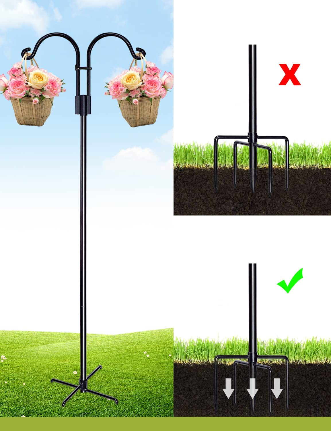 Double Shepherds Hooks for Outdoor, 2 Pack 60 Inch Bird Feeder Pole with 5 Prongs Base, Heavy Duty Garden Hook for Hanging Plant, Lantern, Hummingbird Feeder