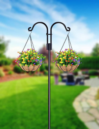 Double Shepherds Hooks for Outdoor, 2 Pack 60 Inch Bird Feeder Pole with 5 Prongs Base, Heavy Duty Garden Hook for Hanging Plant, Lantern, Hummingbird Feeder