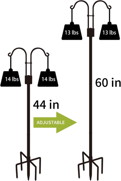 Double Shepherds Hooks for Outdoor, 2 Pack 60 Inch Bird Feeder Pole with 5 Prongs Base, Heavy Duty Garden Hook for Hanging Plant, Lantern, Hummingbird Feeder
