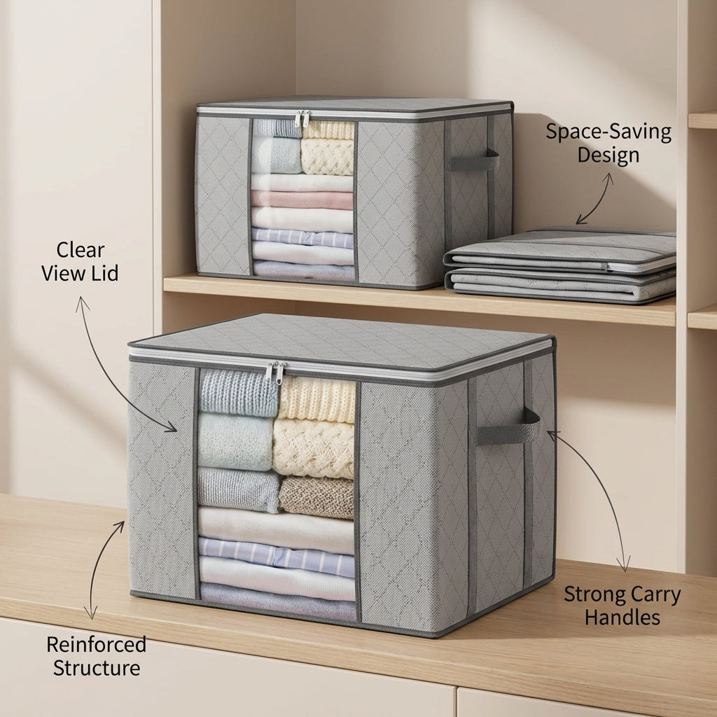 Foldable Storage Containers with Transparent Top and Grip Handles